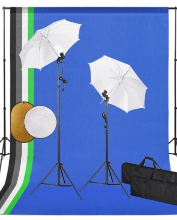 Fotostudieudstyr Med Lamper  Paraplyer  Baggrund Og Reflektor