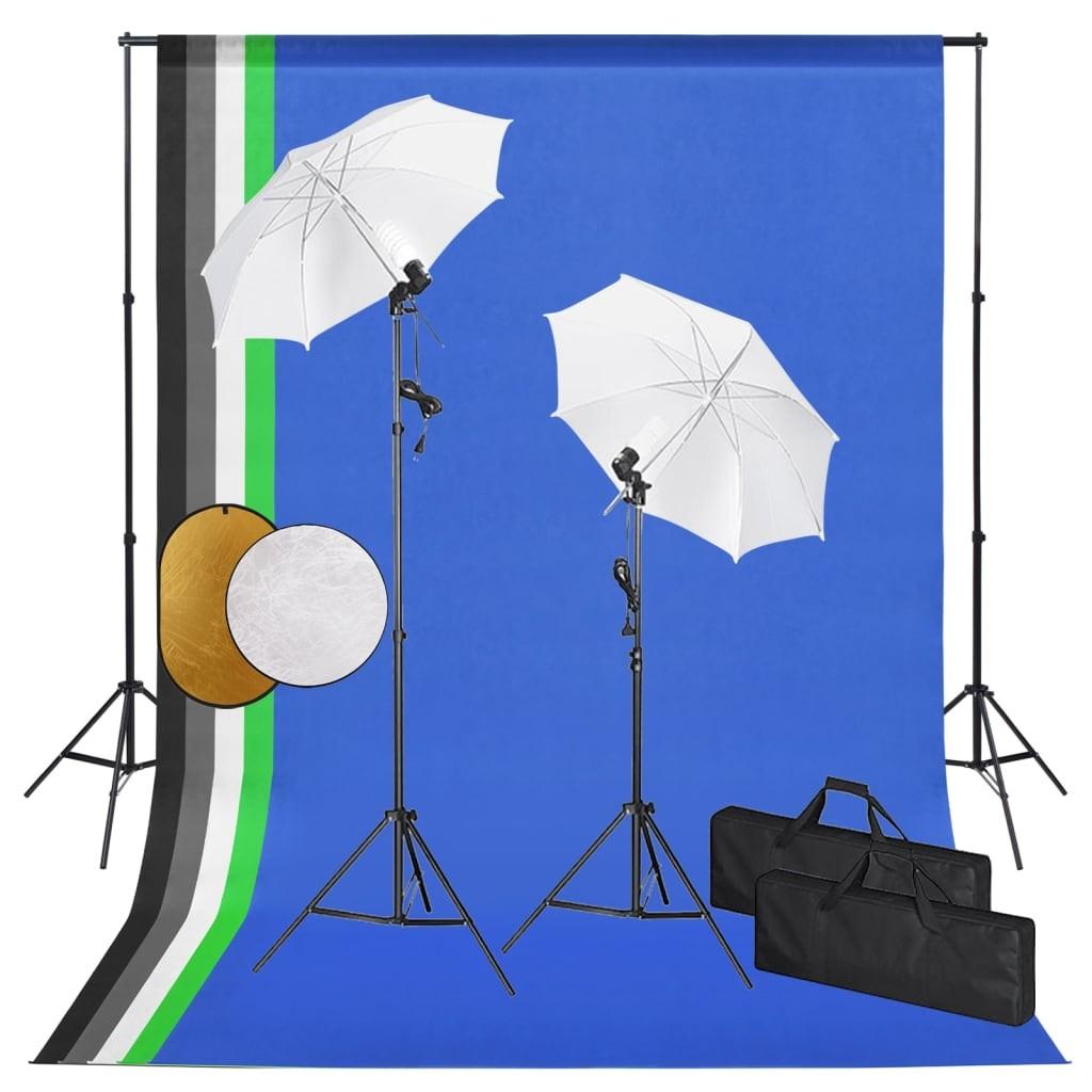 Fotostudieudstyr Med Lamper Paraplyer Baggrund Og Reflektor
