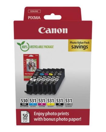 Canon Pgi-530 Cli-531 Pgbk       Bk Gy Photo Value Pack   Pakker Pigmenteret Sort  Sort  Cyan  Magenta  Gul  Grå Original Blækpatron Papirsæt