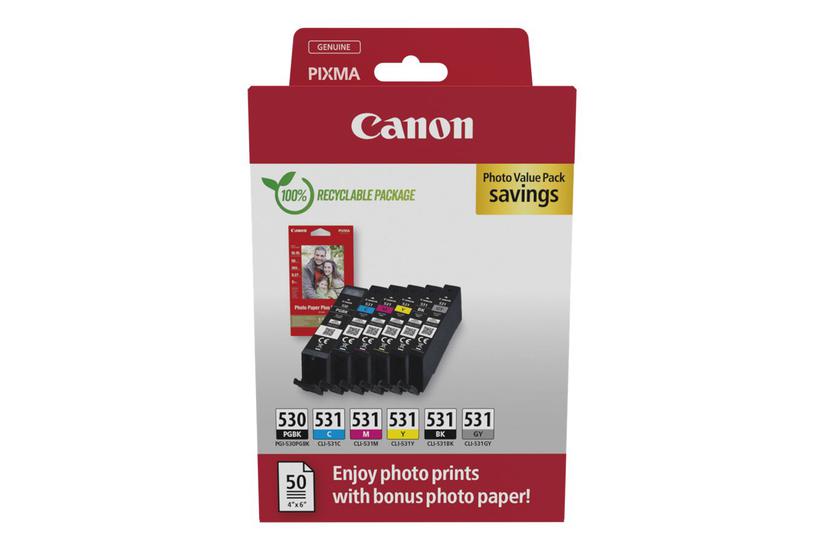 Canon Pgi-530 Cli-531 Pgbk Bk Gy Photo Value Pack Pakker Pigmenteret Sort Sort Cyan Magenta Gul Grå Original Blækpatron Papirsæt