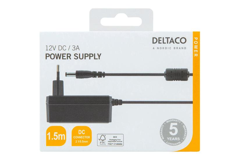 Deltaco Ps12-30b Strømforsyningsadapter 12v Dc 3a 50 60hz 36 Watt